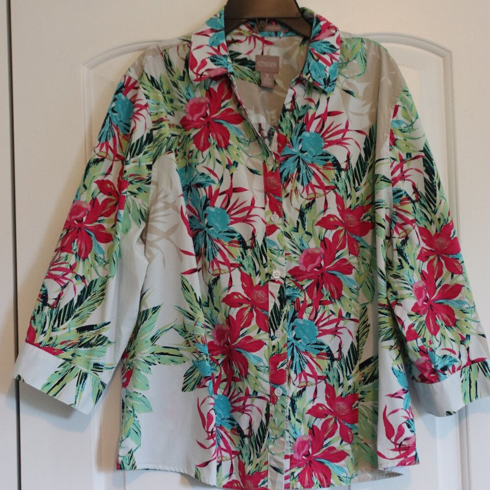 Chico's 100% Cotton Tropical Print Button Down 3/4 Sleeve Size 3 (US XL) Casual